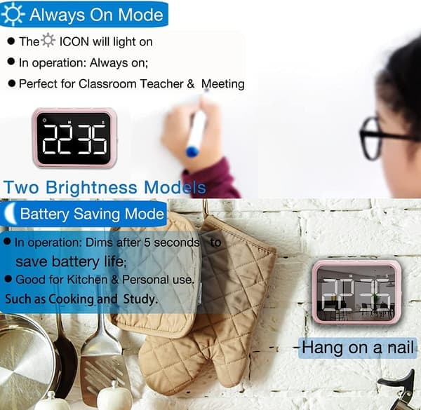 Kökstimer (rosa), 4\" digital klassrumstimer för barn, stor magnetisk LED-nedräkningstimer, klassrum med kontinuerlig ljusfunktion