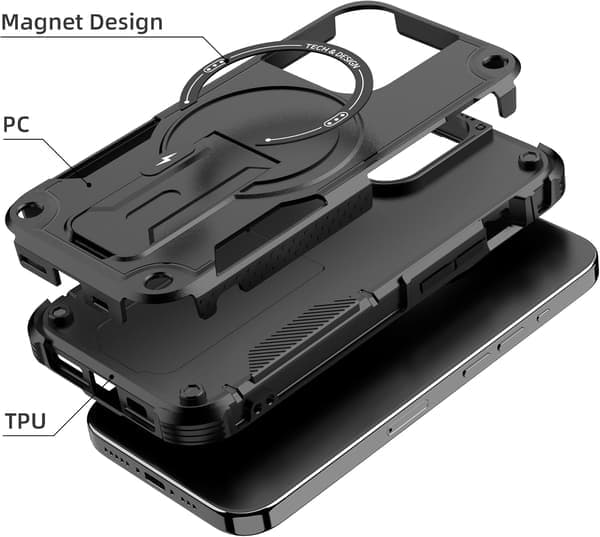 Magnetisk iPhone-deksel med stativ, kompatibelt med MagSafe, solid innebygd stativ, støtsikkert med fallbeskyttelse i militærklasse, størrelse iPhone 14 Pro Black iPhone 14 Pro