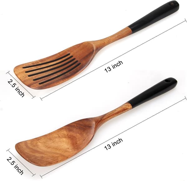 2-delat set med träslev för matlagning, giftfria köksredskap i teak, hålslev, pannkaksspadar i trä, bambu