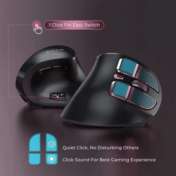 Ergonomisk mus, trådløs vertikal mus Genopladelig optisk mus til multifunktionel brug (Bluetooth 5.0+ Bluetooth 3.0+USB-forbindelse) Sort