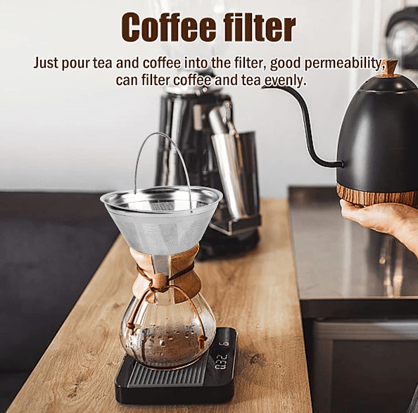 Kaffefiltre i rustfritt stål med håndtak, gjenbrukbare, vaskbare, egnet for pour-over kaffe.