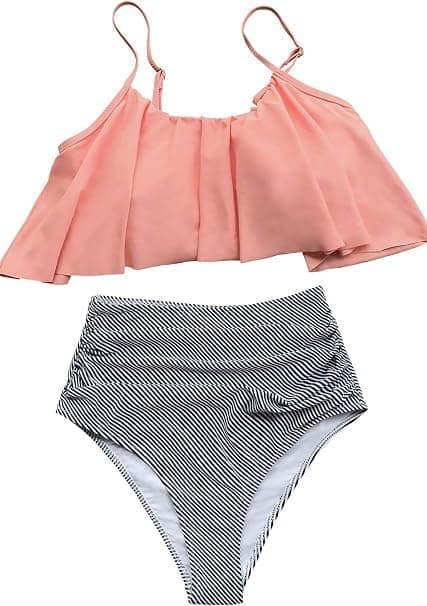 Bandeau-bikini för damer, rynkad, hög midja, randig baddräkt