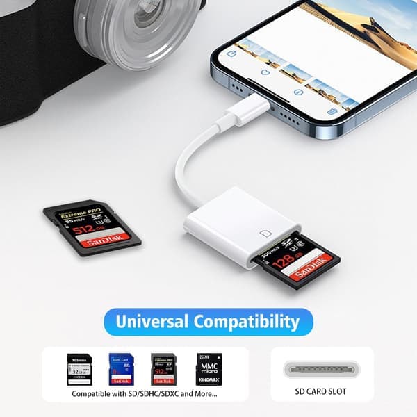 SD-kortleser for iPhone/iPad, til SD-kort, minneadapter, kameraadapter, visningskonverterer for iPhone Plug and Play enkeltport Single port