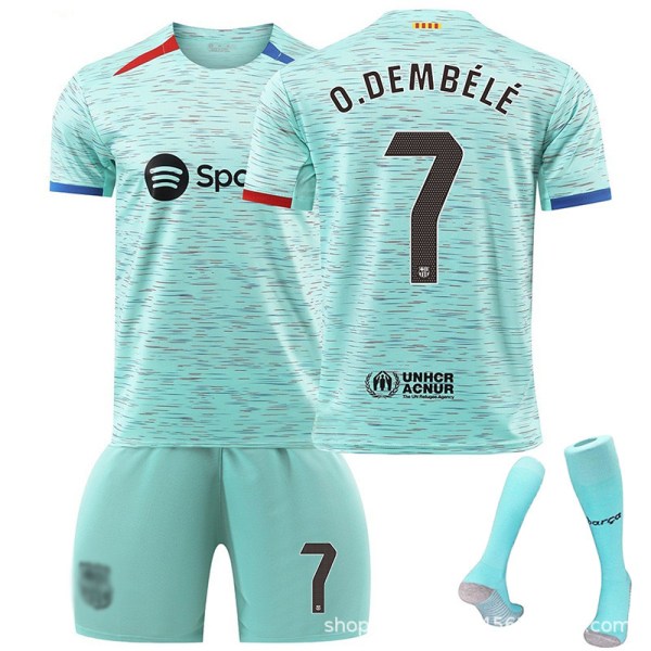 23-24 Barcelona Anden Gæst Lysegrøn Trøje Nr. 9 Lewandowski Nr. 7 Dembele Børne/Voksen Fodbold Uniform Sæt NO.7 O.DEMBELE XXL