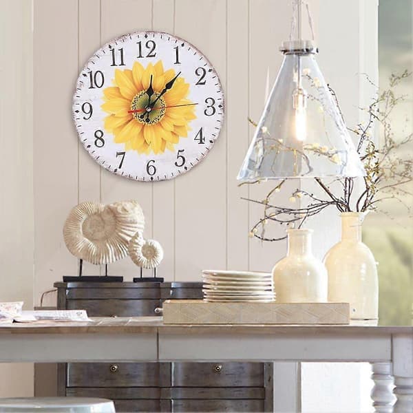 SQCLV 30cm Elegant Stil Solrosmönster Väggklocka för Hemmakontor Vardagsrumsdekoration A