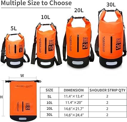 Vanntett tørrpose 5L 10L 20L 31L Vanntett pose med lang justerbar stropp ORANGE 20L