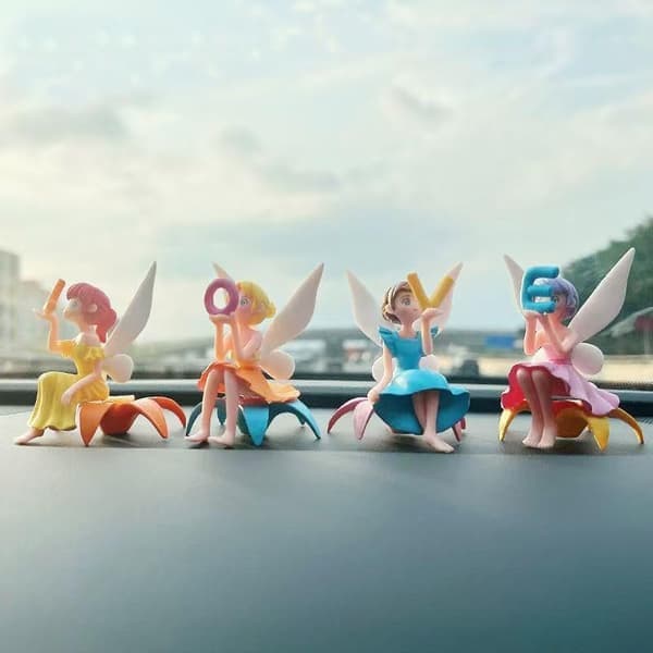 Sæt med 4 mini-fe-figurer med 4 blomster - Mini-fe-figurer i harpiks som kagepynt, tilbehør til haver, festdekorationer