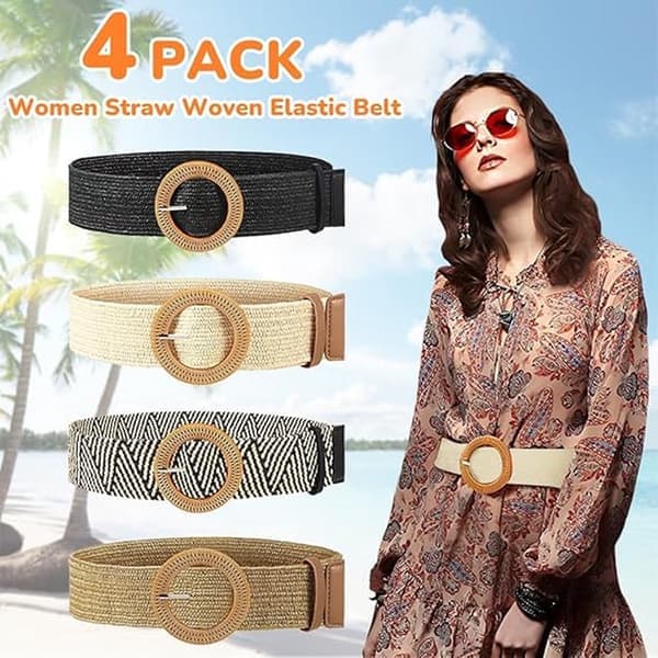 Elastiska stretchbälten Bohemiskt vävt flätat midjebälte för kvinnor Beige/Svart/Brun/Randigt Set om 4