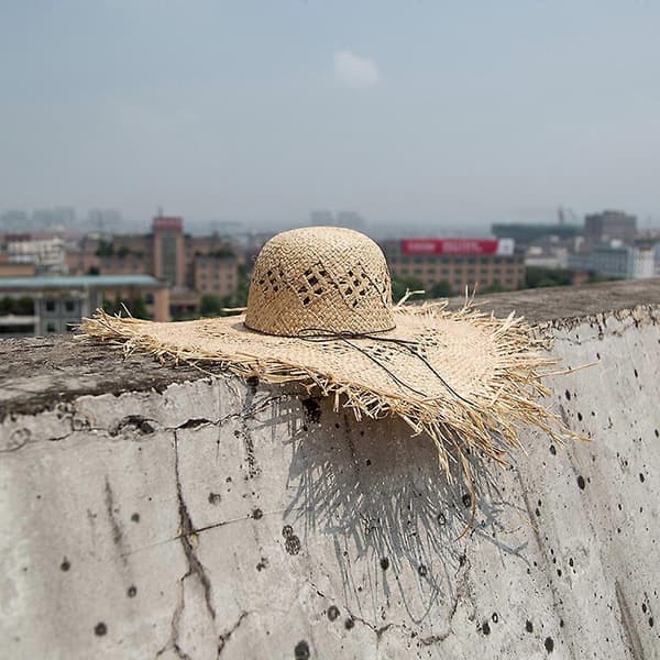 Dame vevd raffia strå solhatt stor bred brem floppy frynser topper solbeskyttelse hul sirkel bøtte Panama strand