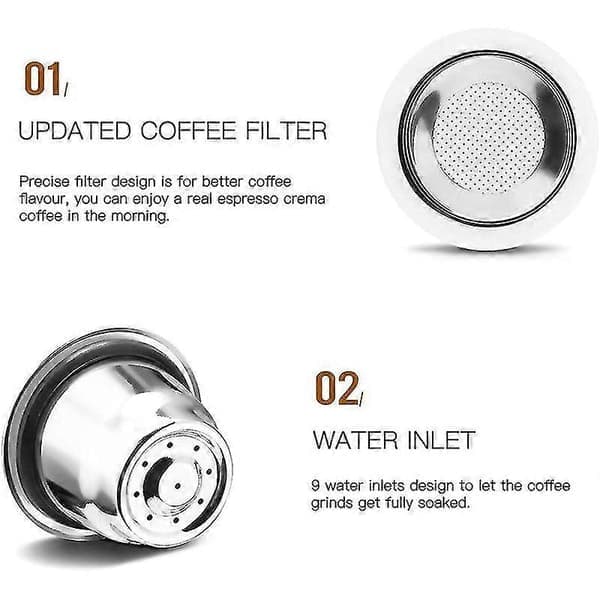 Gjenbrukbare kapsler, rustfritt stål, 3 påfyllbare puter for Nespresso + 1 stamper + 1 skje +