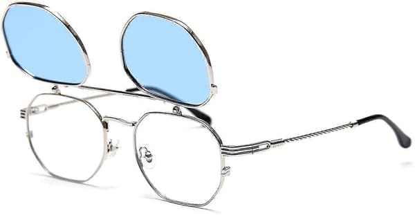 Bebetter Flip Up Solglasögon Män Kvinnor Polariserade Steampunk Flip Solglasögon med Dubbla Linser Silverram - Blå Lins Silver Frame-Blue Lens