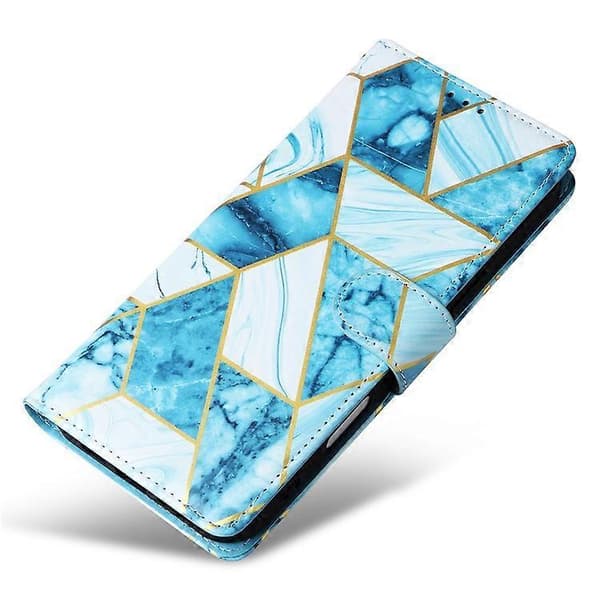 iPhone 16 Pro Max Skal Lackad Marmormönster, Kortfack Plånbok Läderfodral Blue