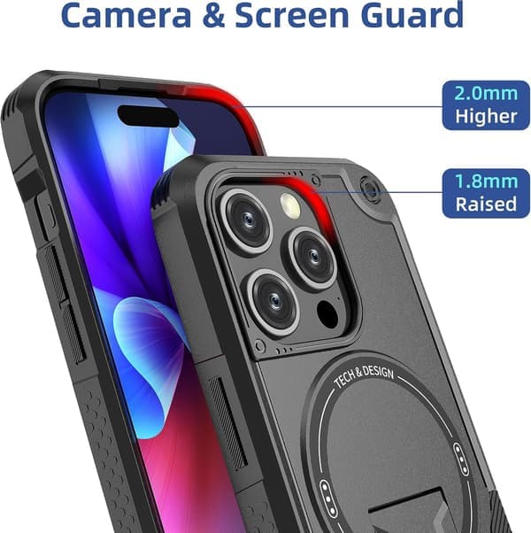 Magnetisk iPhone-deksel med stativ, kompatibelt med MagSafe, solid innebygd stativ, støtsikkert med militærgradert fallbeskyttelse, størrelse iPhone 15 Pro Black iPhone 15 Pro
