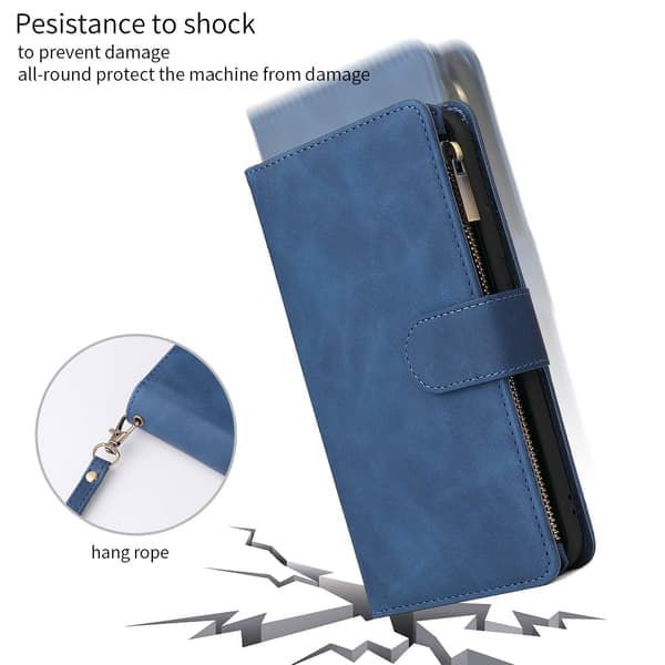 Plånboksfodral för Iphone 11, Blixtlåsplånbok, Ställfunktion, Kortplatser med handledsrem, Stötsäker TPU Flip för Iphone 11 - Blå