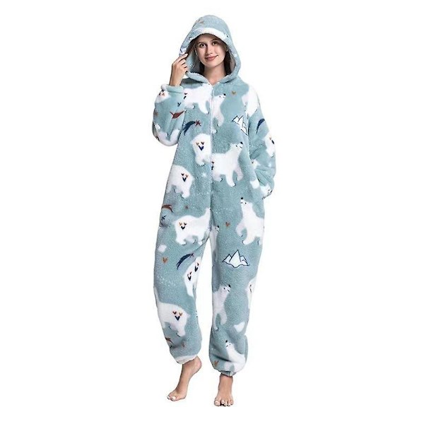 Dames vinter én-delt pyjamas tegneserie dyreprint hættetrøje jumpsuit varm hjemmebrug style 1 M