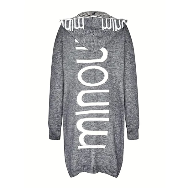 Strikkede Cardigan med Vandfaldskrave og Bogstavprint, Afslappet Langærmet Trøje med Hætte og Lommer, Kvinder Grey M