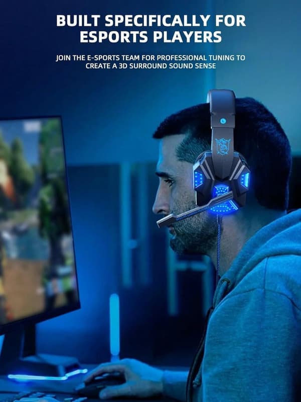 Bass HD Gaming Headset, Blåt LED-lys, Åndbare ørekopper i mesh, 7.1 Surround Sound