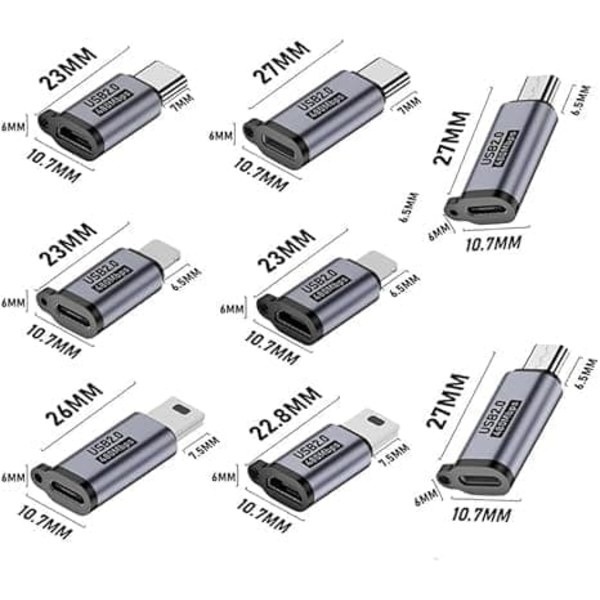 USB-adaptersett 5-pakning, Type C Micro USB til Lightning Mini-adaptere Kompatible med Android iOS-enheter