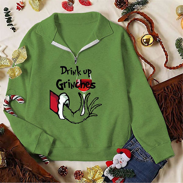 Glædelig Jul Julemand Grinch Zip V-hals Sweatshirt Kvinder Julegave Sjov Grøn Monster Print Langærmet Trøje style 2 S