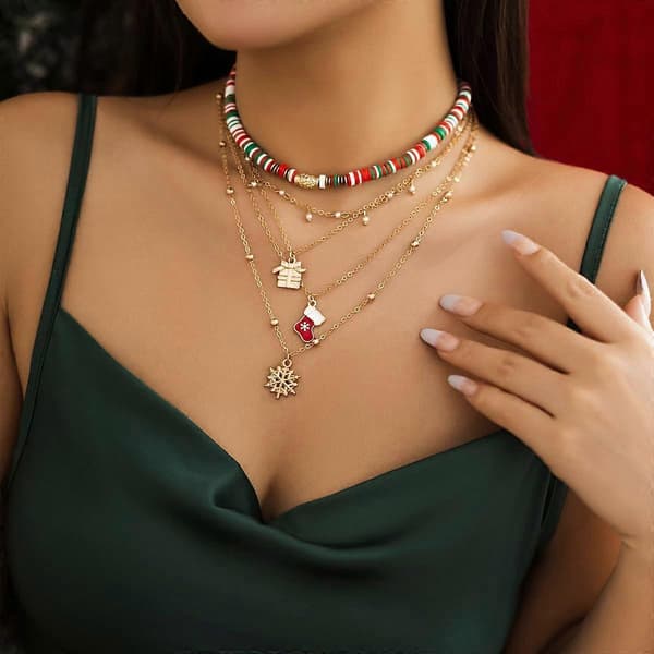 Jule Boho Perlehalskæde til kvinder Lagdelt Choker Guldkæde Julemandsvedhæng Smykker