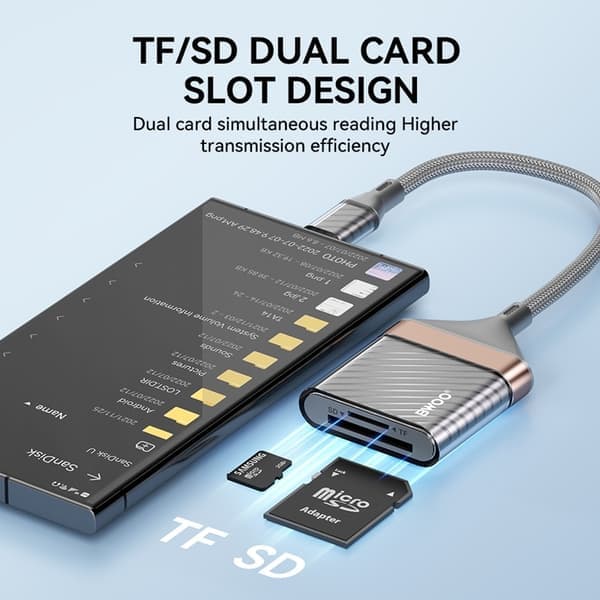 2-i-1 USB-C til SD/TF minnekortleser – Rask og jevn dataoverføring grå