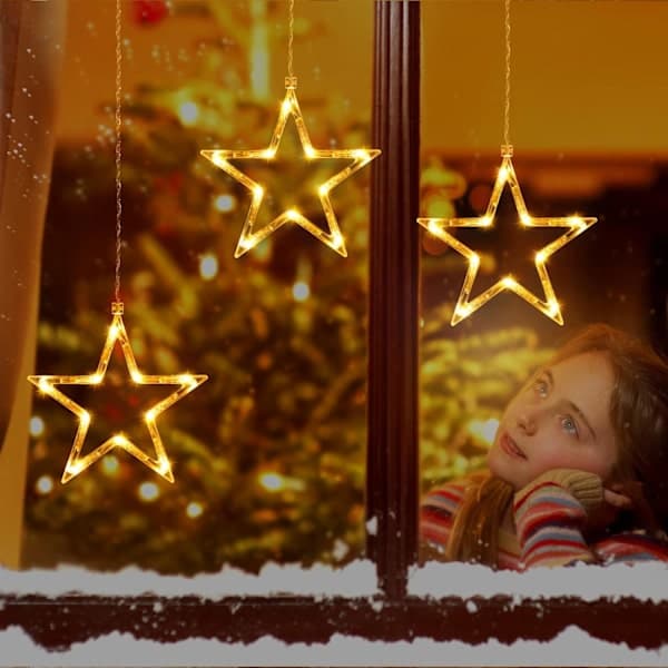 Julevinduslys utendørs, 3 stjernelamper 30 LED batteridrevet timer, 8 moduser varm hvit [mo]