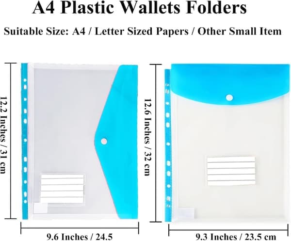 A4 Plastfickor med hål, 12-pack expanderbara polyfickor A4, Plastmappar för dokumentarkivering, Vattentäta, Kontorsmaterial för