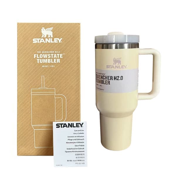 Stor 1,2L rustfri ståltermokop med håndtag og sugerør til bilrejser, beige Beige