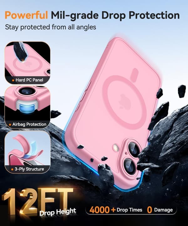 Magnetisk telefondeksel til iPhone 17 (6,3 tommer), støtsikkert beskyttelsesdeksel, lys rosa. Lys rosa