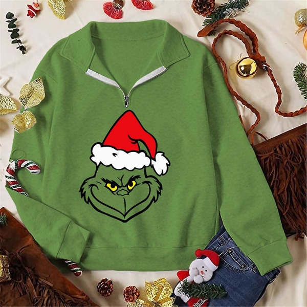 Merry Christmas Santa Grinch Zip V-hals Sweatshirt Kvinder Xmas Funny Green Monster Print Langærmede Pullover Toppe style 1 M