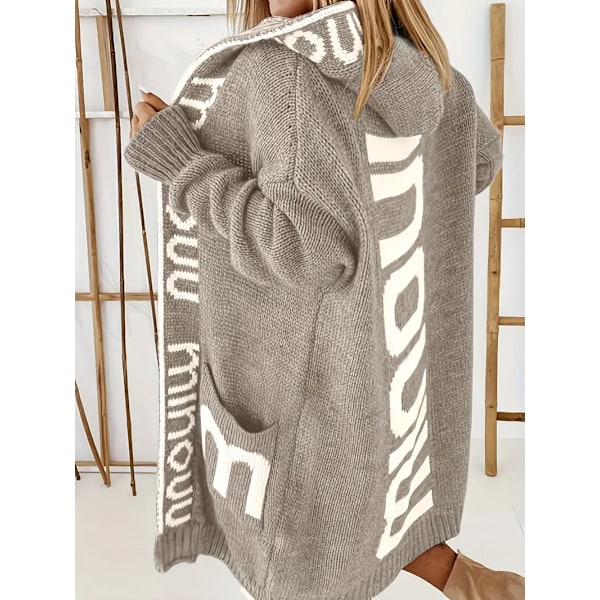 Strikkede Cardigan med Vandfaldskrave og Bogstavprint, Afslappet Langærmet Trøje med Hætte og Lommer, Kvinder Khaki XS