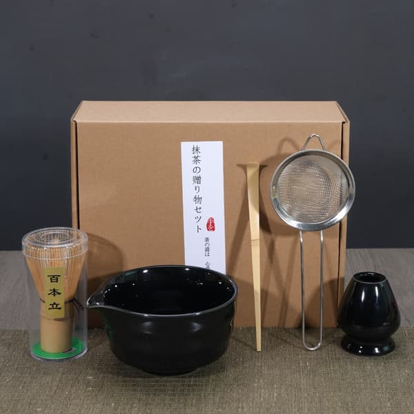 Keramisk tesæt, inklusive Matcha-skål, Matcha-piskeris-holder og piskeris, 5-dele sæt sort - XF6 - Sort black