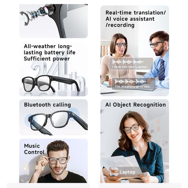 Smarte AI-briller (sort stel) med 8 MP kamera, 1200P videostabilisering, AI stemmeassistent, realtidsoversættelse og objektgenkendelse Transparent