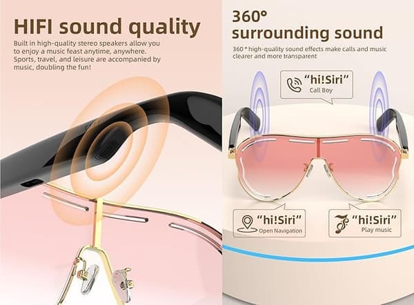 Smarte briller, lyserøde polariserede solbriller, smarte Bluetooth-briller, UV-beskyttelse og blåt lys-blokering, stemmestyring, unisex udendørs