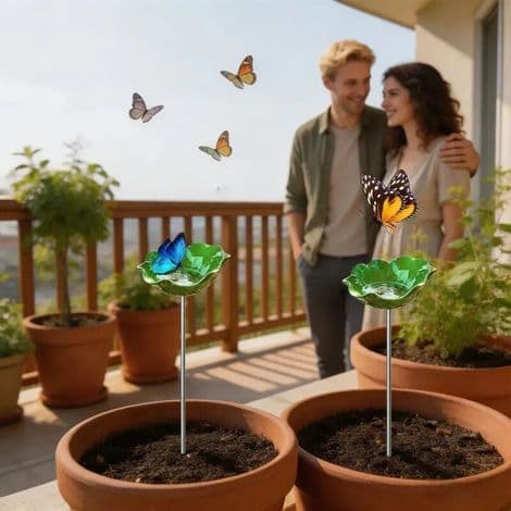 Fuglebad i metal, blomsterformet. Foderautomat på spyd og havepynt til terrasse og græsplæne