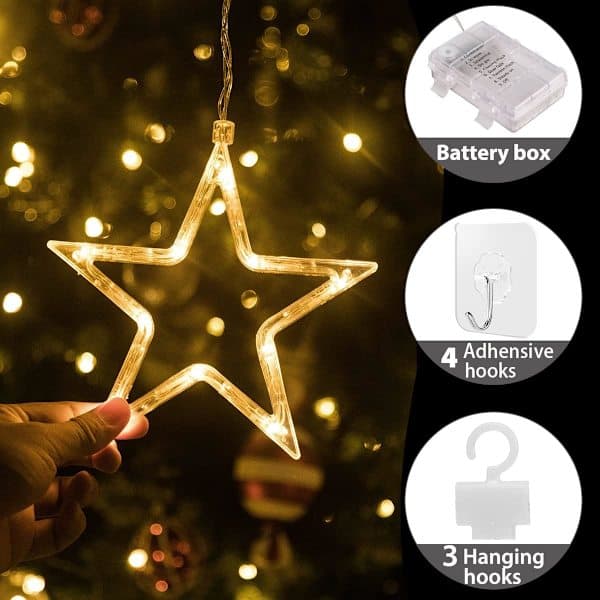 Julevinduslys utendørs, 3 stjernelamper 30 LED batteridrevet timer, 8 moduser varm hvit [mo]