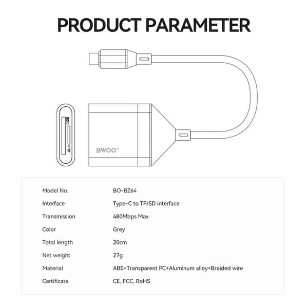 2-i-1 USB-C til SD/TF Hukommelseskortlæser – Hurtig og problemfri dataoverførsel Grå
