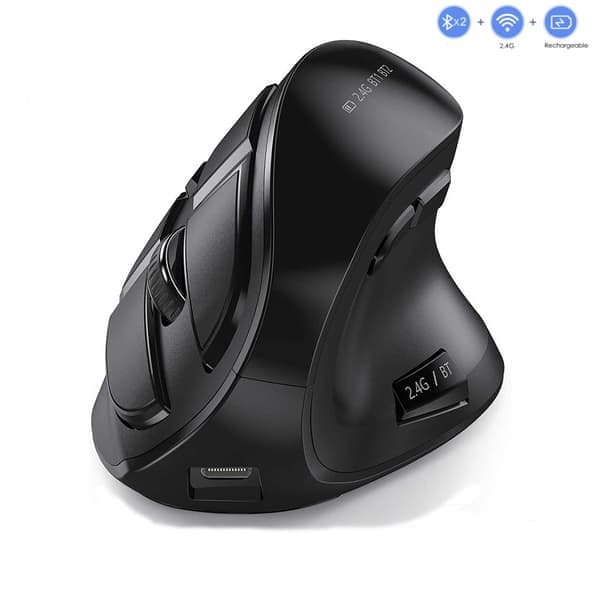Ergonomisk mus, trådløs vertikal mus Genopladelig optisk mus til multifunktionel brug (Bluetooth 5.0+ Bluetooth 3.0+USB-forbindelse) Sort