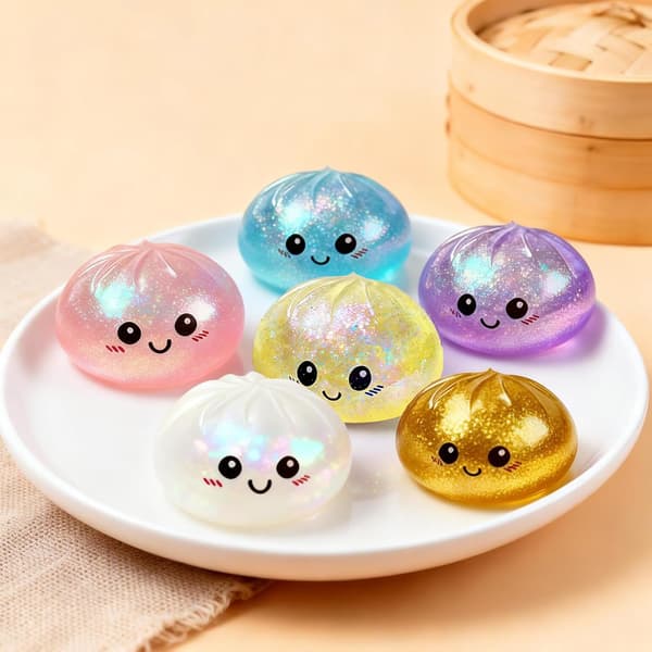 Glitter Dumpling Squishy Legetøj, Blød Strækbar Klemmebold med Damperboks til Børn og Voksne blue