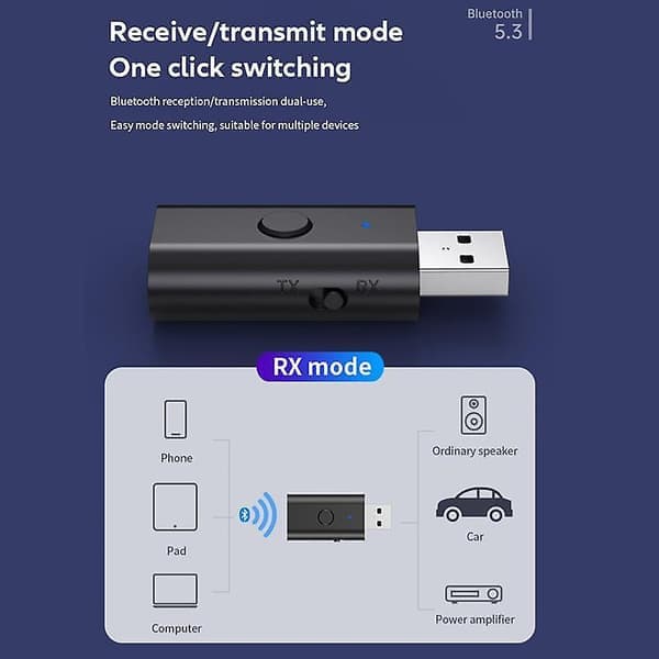 4-i-1 USB trådløs Bluetooth 5.3 AUX-adapter lydmottaker sender USB til 3,5 mm jack for PC TV bil håndfrisett tilbehør