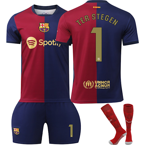 2425 Barcelona Hjemme Jersey Nr.6 GAVI Nr.8 Pedri Nr.9 Lewandowski Nr.10 Messi NR.19 Ramin · Yamal og andre fotballdraktsett No.1 TER STEGEN/Gold 22