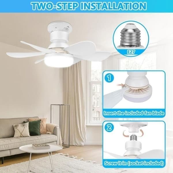 Stille 52 cm loftventilator med E27 pære, 6 blade, 40W, 3 hastigheder - Hvid