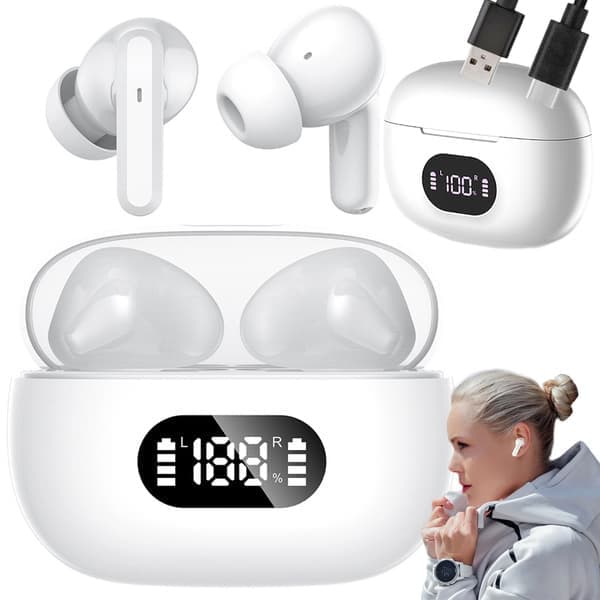 Trådløse Bluetooth In-Ear Hodetelefoner med LED-Ladeetui og Mikrofon Hvit Hvit Hvit
