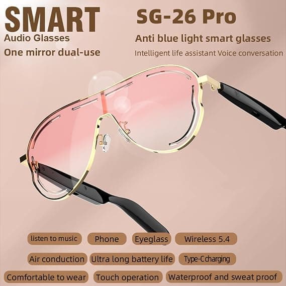 Smarte briller, lyserøde polariserede solbriller, smarte Bluetooth-briller, UV-beskyttelse og blåt lys-blokering, stemmestyring, unisex udendørs