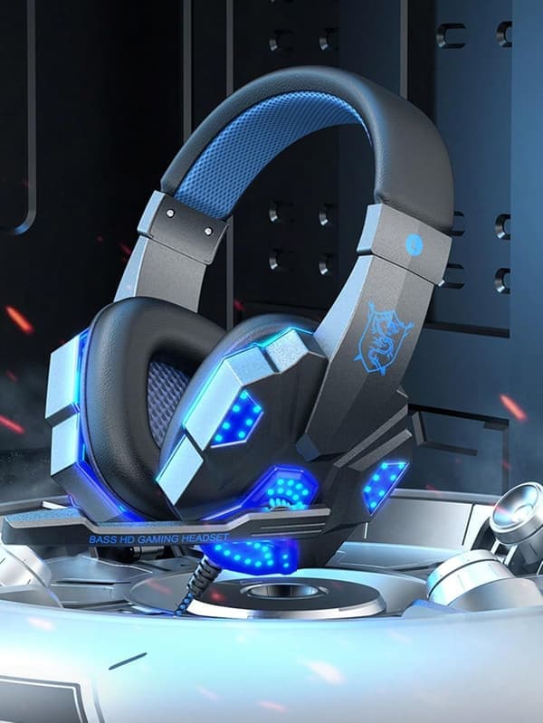 Bass HD Gaming Headset, Blåt LED-lys, Åndbare ørekopper i mesh, 7.1 Surround Sound