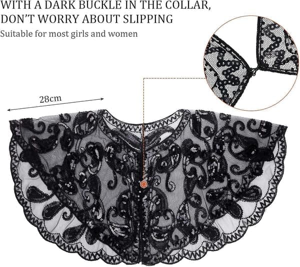 Dame 1920'er Paillet Tørklæde Bryllup Tørklæde Wrap Perle - Broderet Aftenkappe Sort