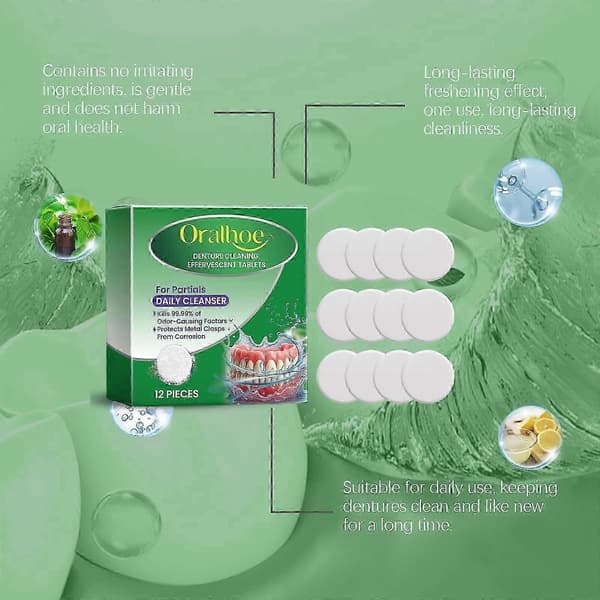 Puhdistustabletti hammasproteeseille Clean Care Fresh Tahranpoisto Hellävarainen hoito Oikomishoidon puhdistustabletti hammasproteeseille A