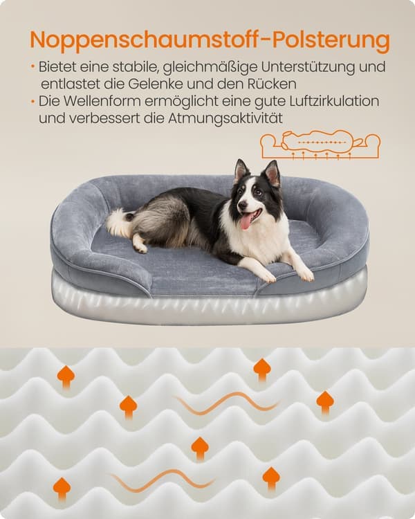 Stor ortopedisk sofa til hund, 91 x 68 x 18 cm, eggeskum, lysegrå