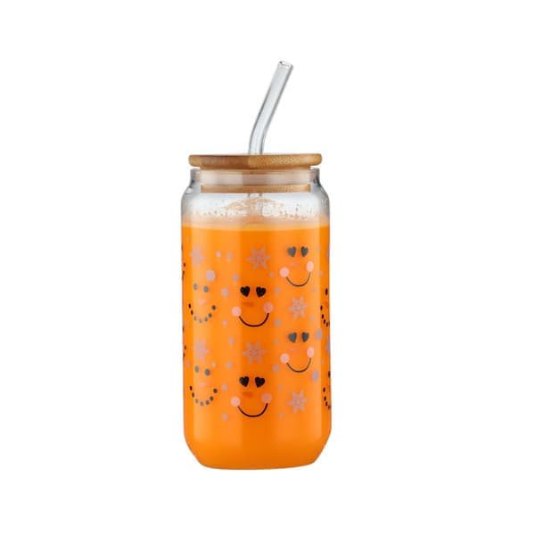 550 ml burkformade glasmuggar set, dricksglas med bambulock och sugrör i glas, dricksglas (1 st)