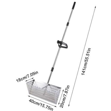 40 cm strandrive, strandsandspade i rustfritt stål med stor trapesformet kurv, langt avtakbart håndtak for sikting